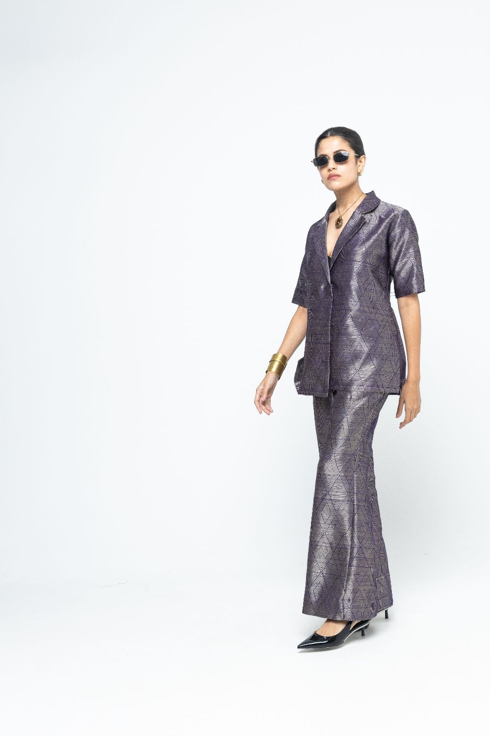 Metallic Purple Wrap Blazer Set - Purple