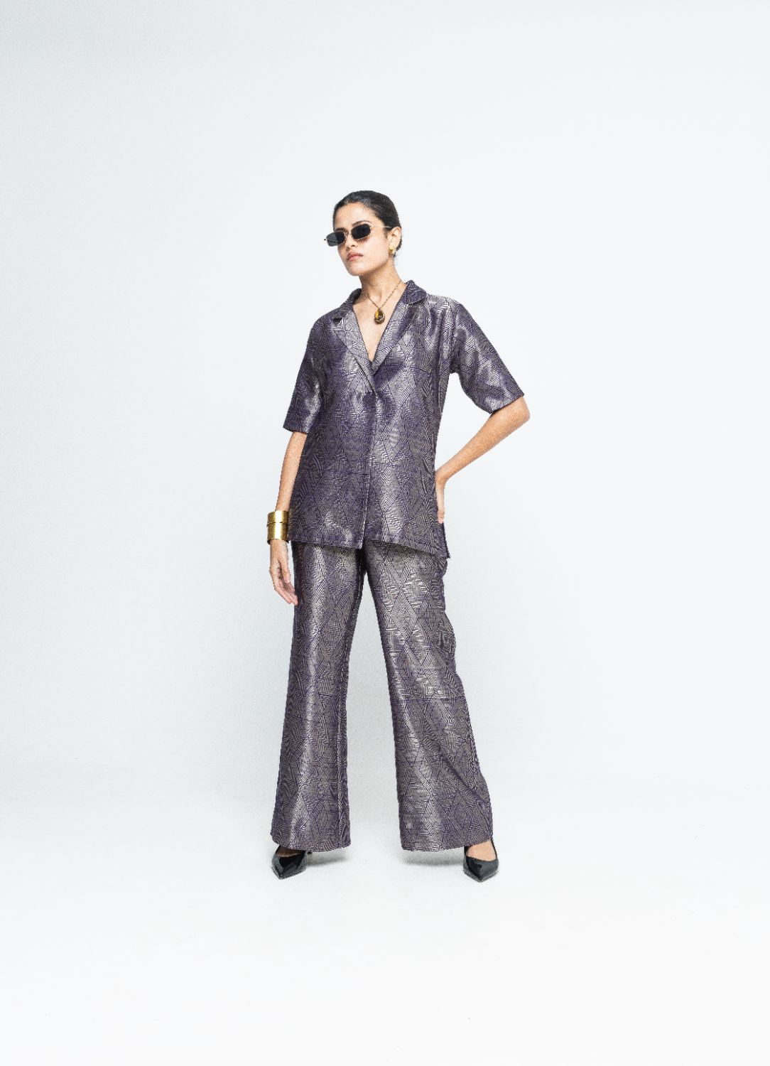 Metallic Purple Wrap Blazer Set - Purple