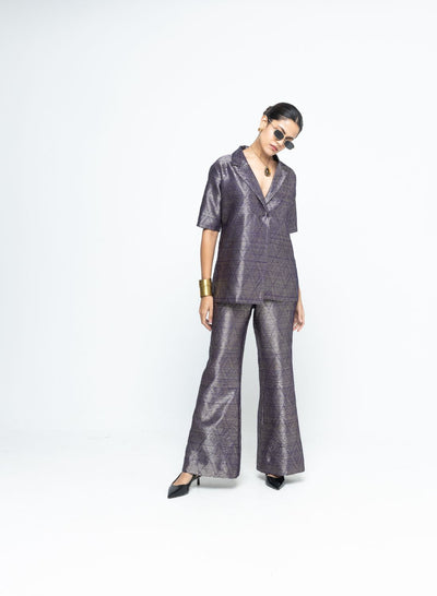 Metallic Purple Wrap Blazer Set - Purple