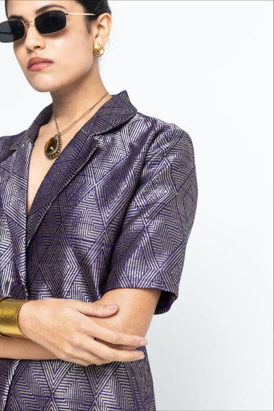 Metallic Purple Wrap Blazer Set - Purple