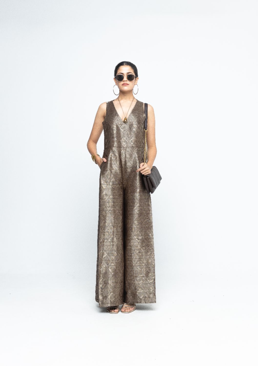 Sera - Brown Metallic Jumpsuit - Gold Brown