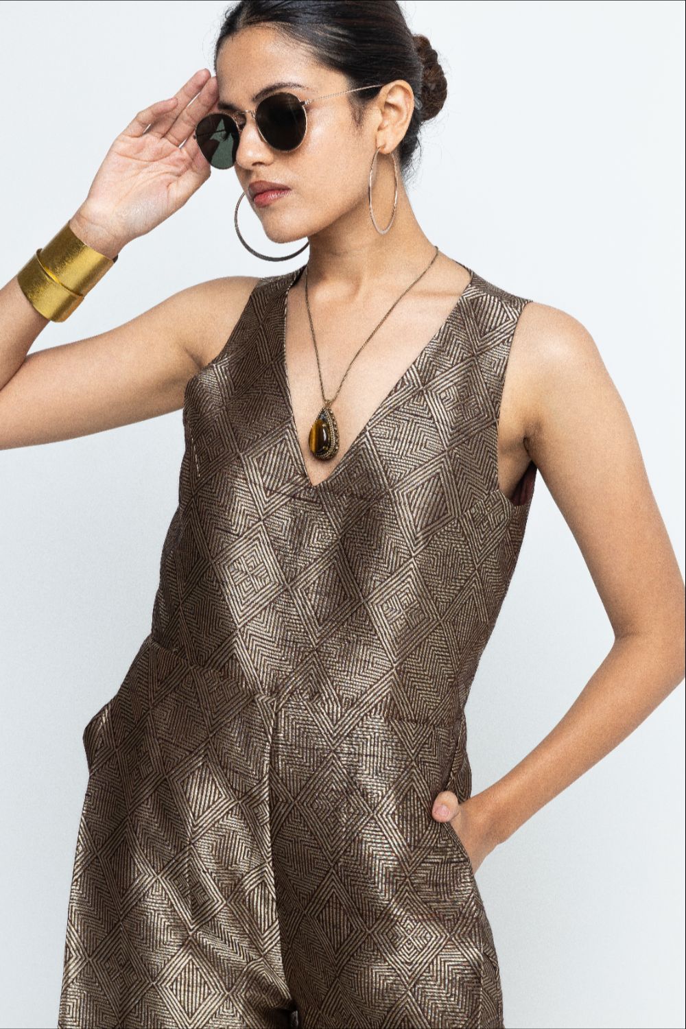 Sera - Brown Metallic Jumpsuit - Gold Brown