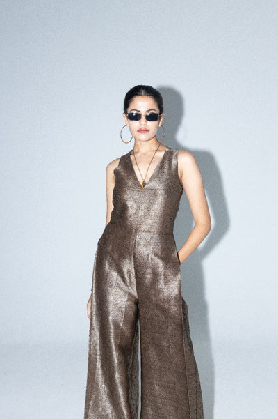 Sera - Brown Metallic Jumpsuit - Gold Brown