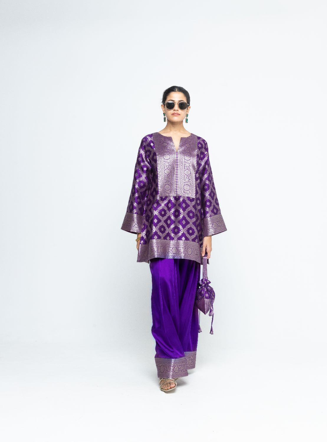 Seerat - Brocade Jaal Silk Kurta with Farshi set - Purple