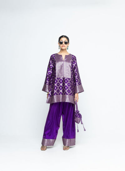 Seerat - Brocade Jaal Silk Kurta with Farshi set - Purple