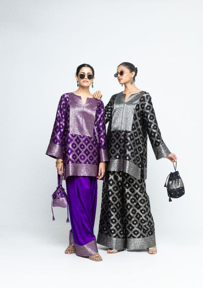 Seerat - Brocade Jaal Silk Kurta with Farshi set - Purple