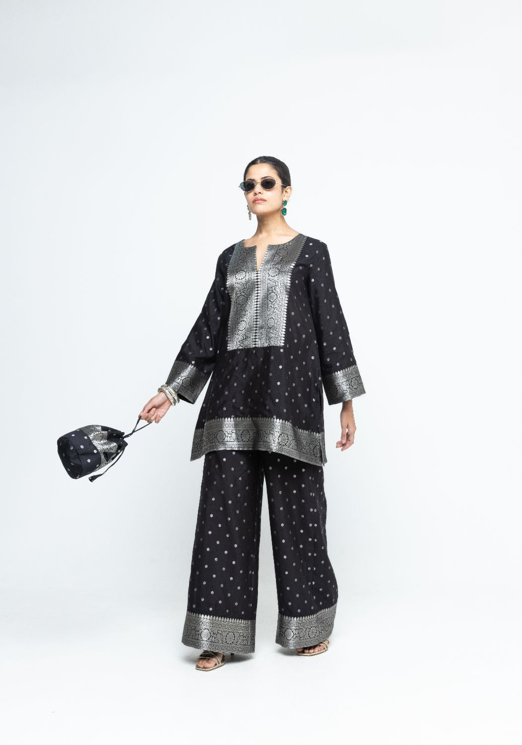 Mehak -  Black Butti Brocade Kurta with Pants - Black