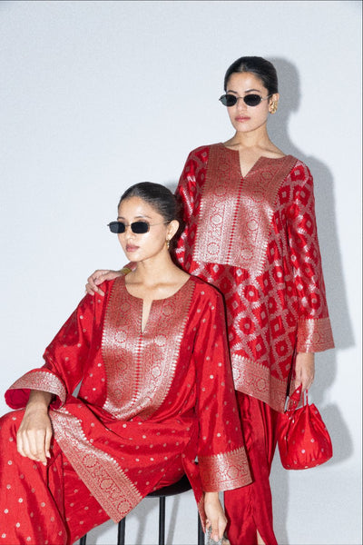 Mehak -  Red Butti Brocade Kurta with Pants - Red