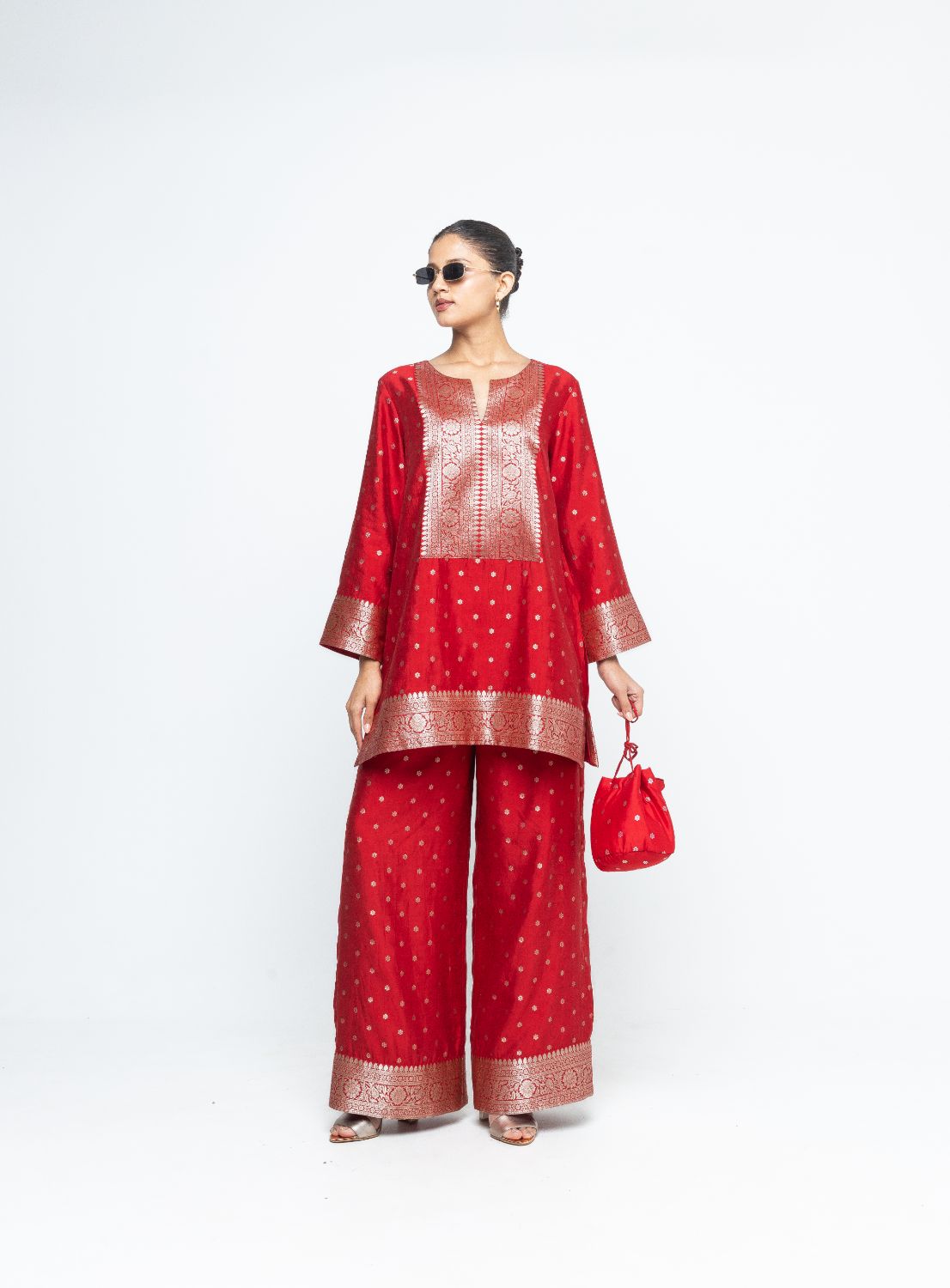 Mehak -  Red Butti Brocade Kurta with Pants - Red