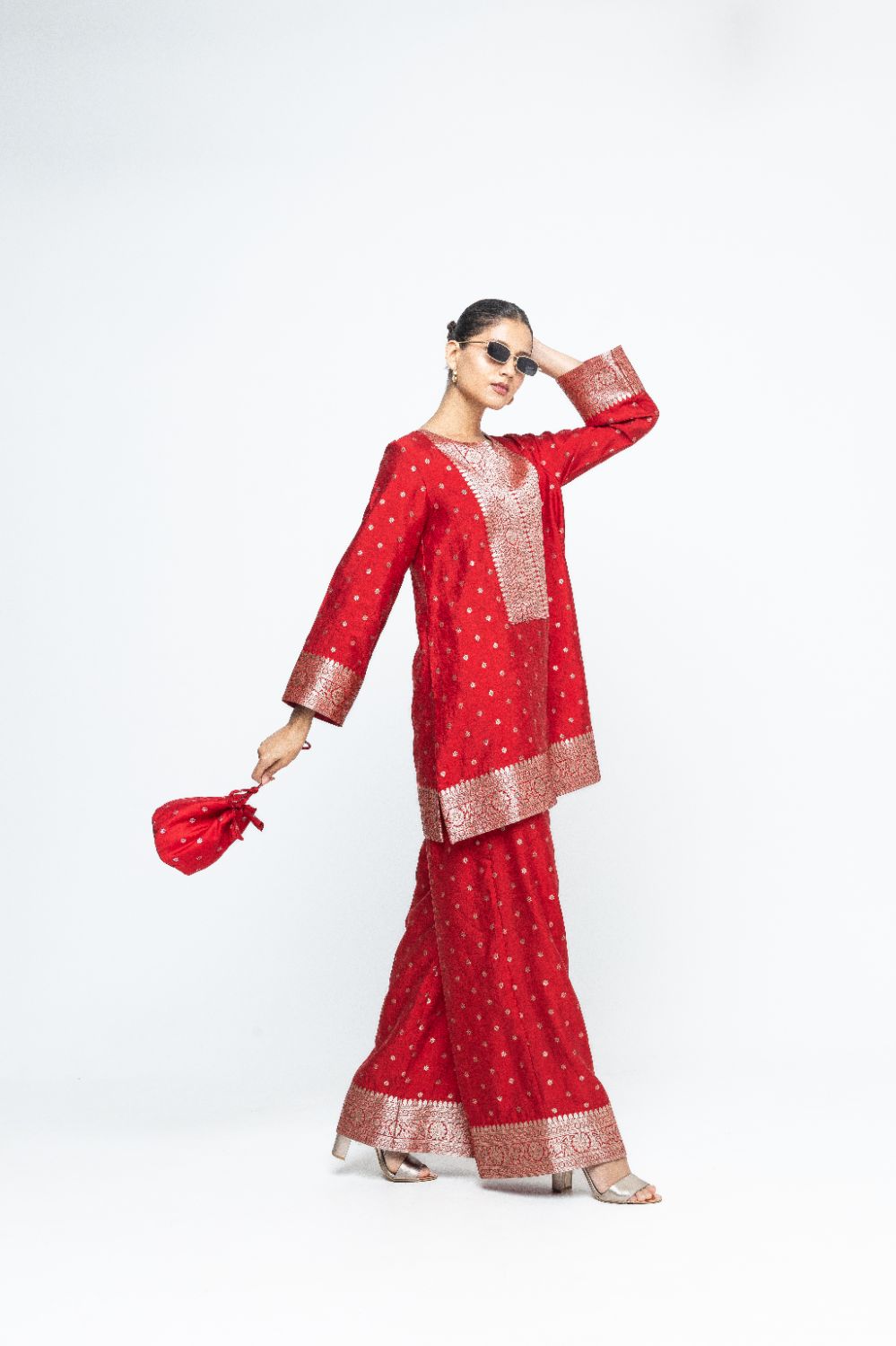 Mehak -  Red Butti Brocade Kurta with Pants - Red