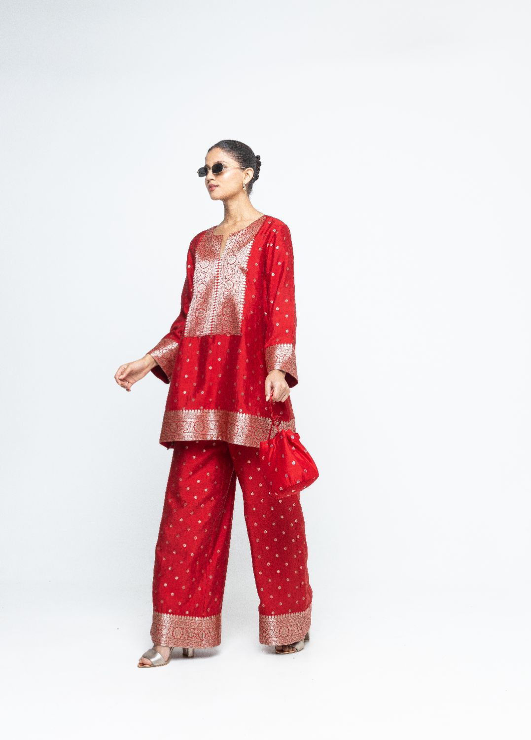 Mehak -  Red Butti Brocade Kurta with Pants - Red