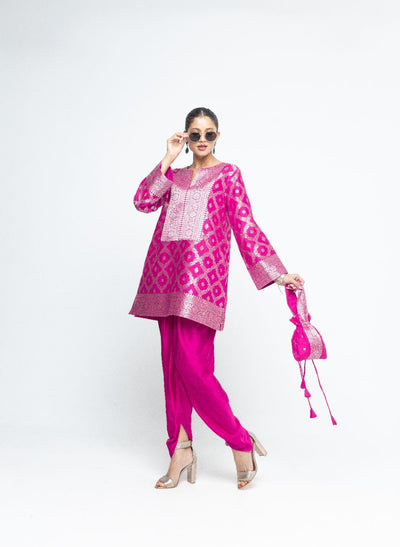 Heer - Pink Brocade Jaal Kurta with Dhoti - Pink