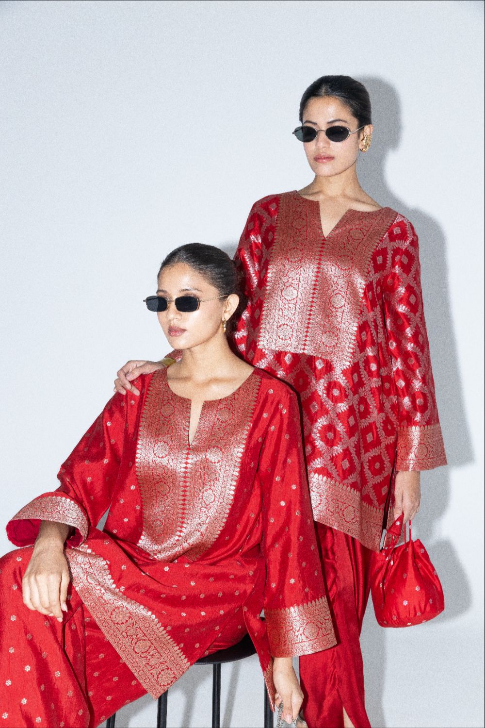 Heer - Red Brocade Jaal Kurta with Dhoti - Red