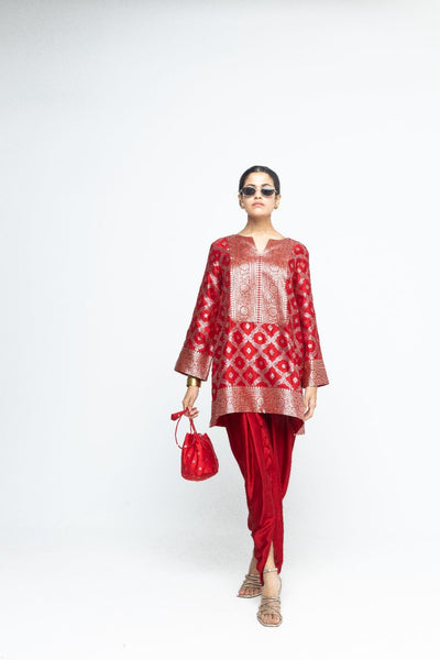Heer - Red Brocade Jaal Kurta with Dhoti - Red