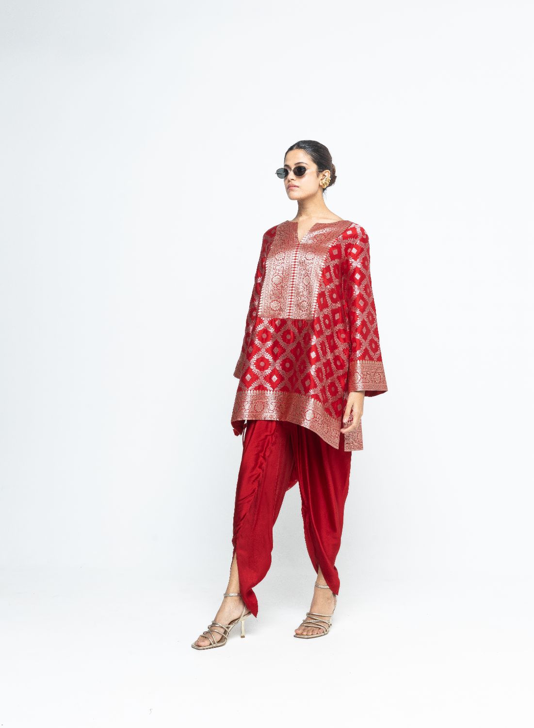 Heer - Red Brocade Jaal Kurta with Dhoti - Red