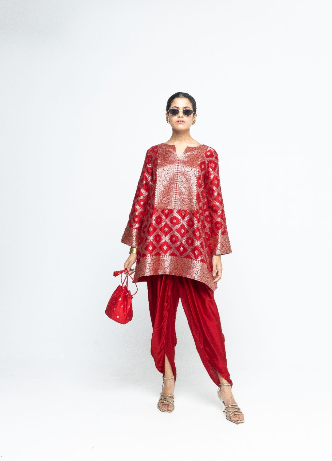 Heer - Red Brocade Jaal Kurta with Dhoti - Red