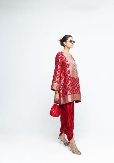 Heer - Red Brocade Jaal Kurta with Dhoti - Red