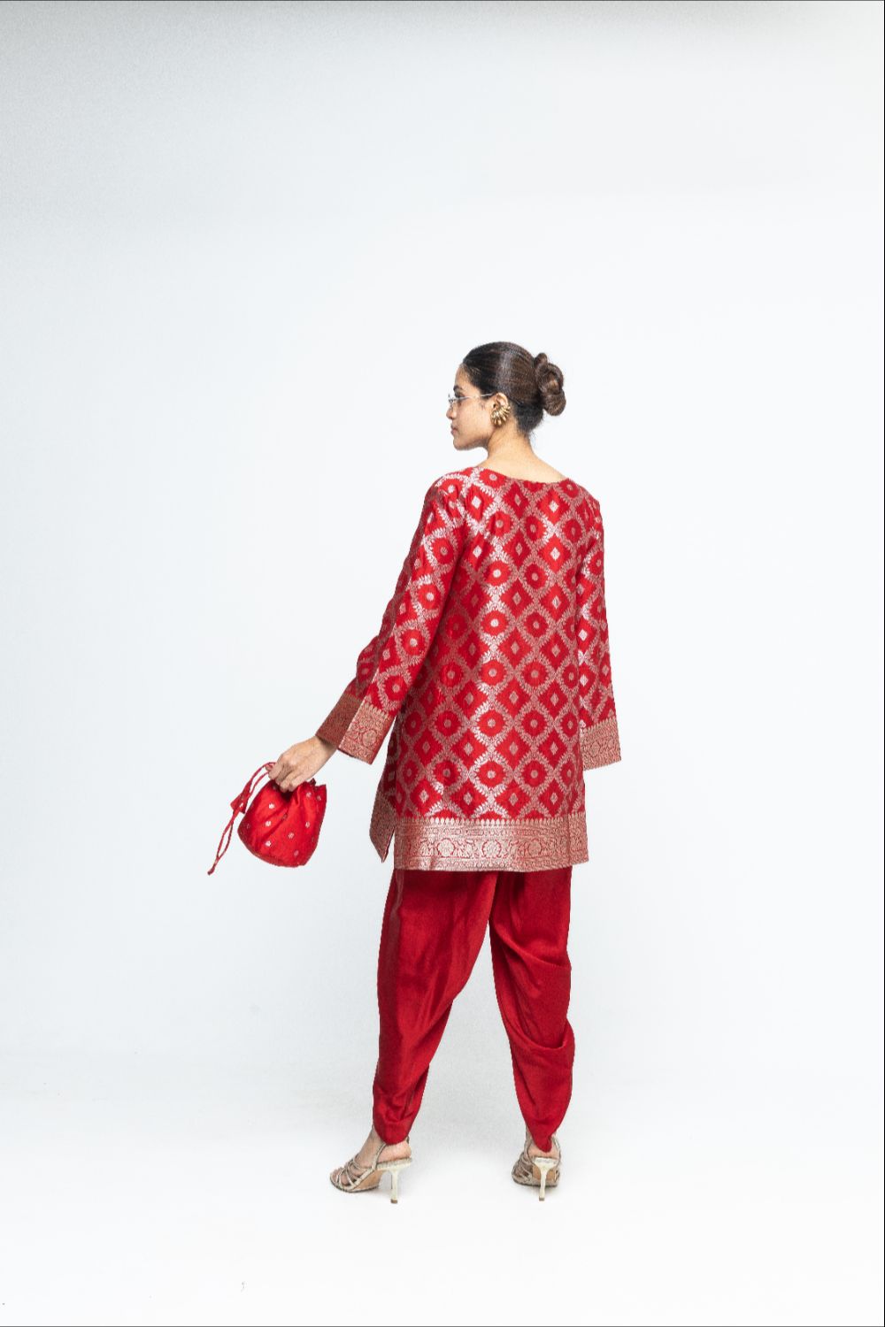 Heer - Red Brocade Jaal Kurta with Dhoti - Red