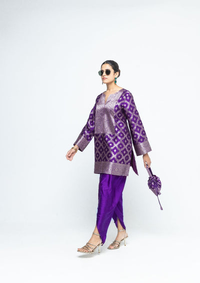 Heer - Purple Brocade Jaal Kurta with Dhoti - Purple