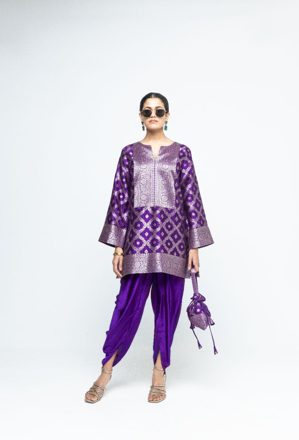 Heer - Purple Brocade Jaal Kurta with Dhoti - Purple