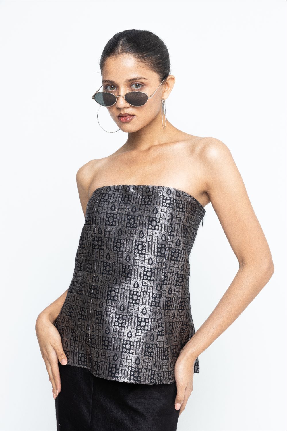 Dela - Strapless Brocade Top and Pants - Black