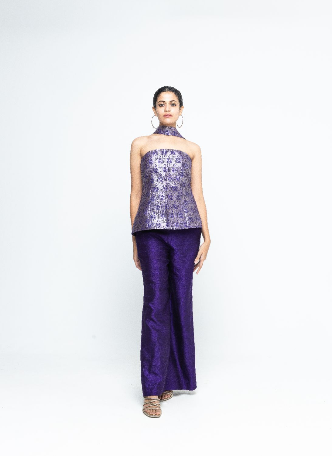 Dela - Strapless Brocade Top and Pants - Purple