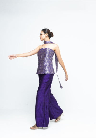 Dela - Strapless Brocade Top and Pants - Purple