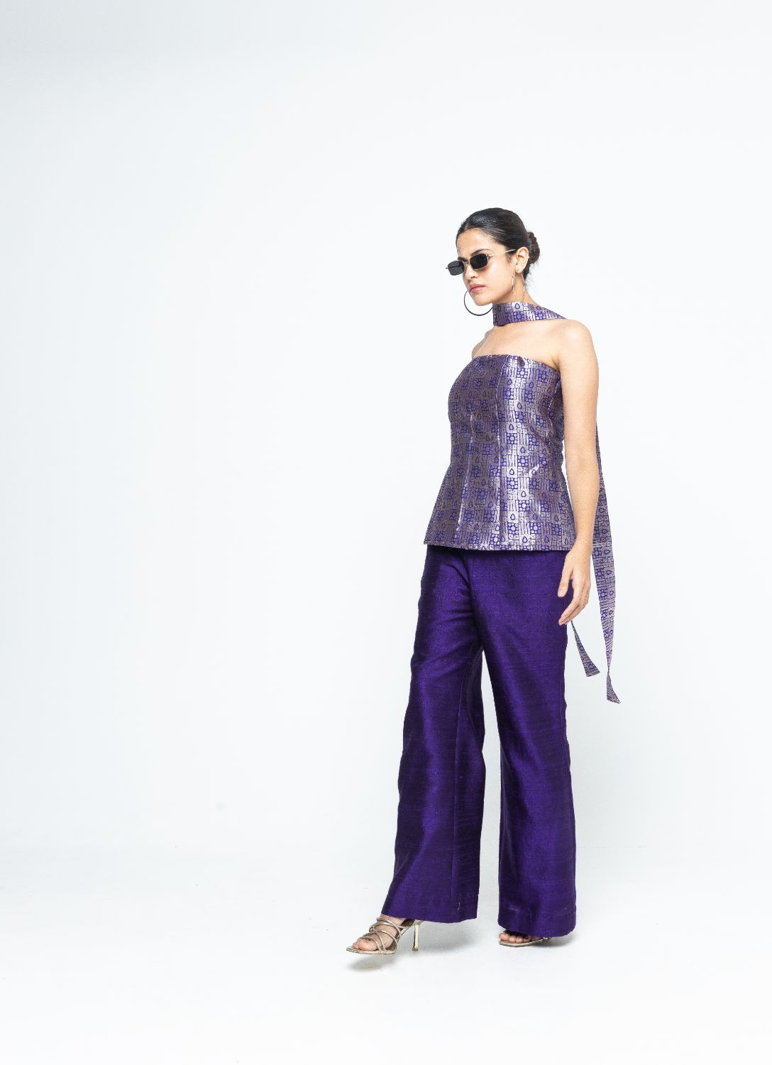 Dela - Strapless Brocade Top and Pants - Purple