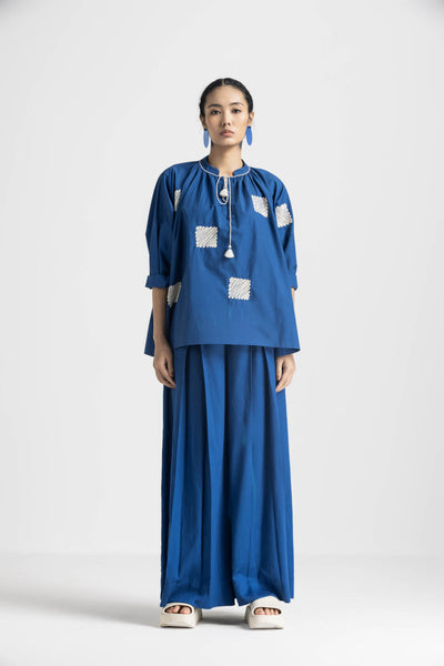 WAVE EMBROIDERY TOP CO ORD - ELECTRIC BLUE