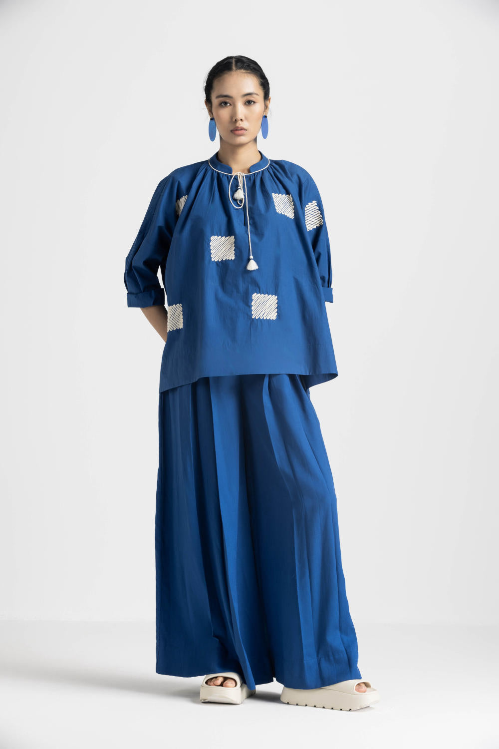 WAVE EMBROIDERY TOP CO ORD - ELECTRIC BLUE