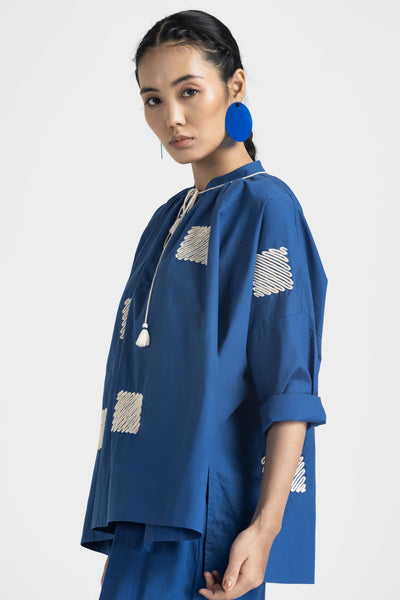 WAVE EMBROIDERY TOP CO ORD - ELECTRIC BLUE