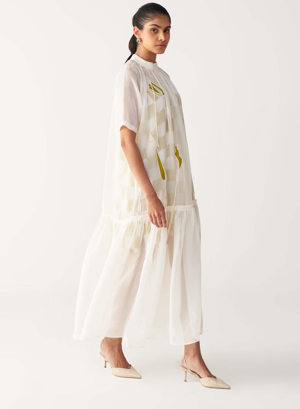 SHEER BOTTOM FRILL DRESS+CHECK SLIP-IVORY