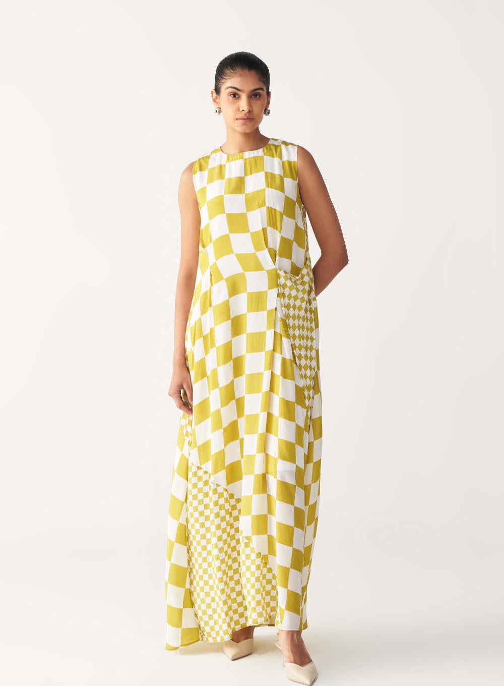 ASYMMETRIC DRESS +
IVORY CHANDERI SLIP-LIME CHECK