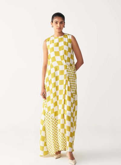 ASYMMETRIC DRESS +
IVORY CHANDERI SLIP-LIME CHECK
