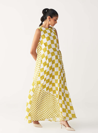 ASYMMETRIC DRESS +
IVORY CHANDERI SLIP-LIME CHECK