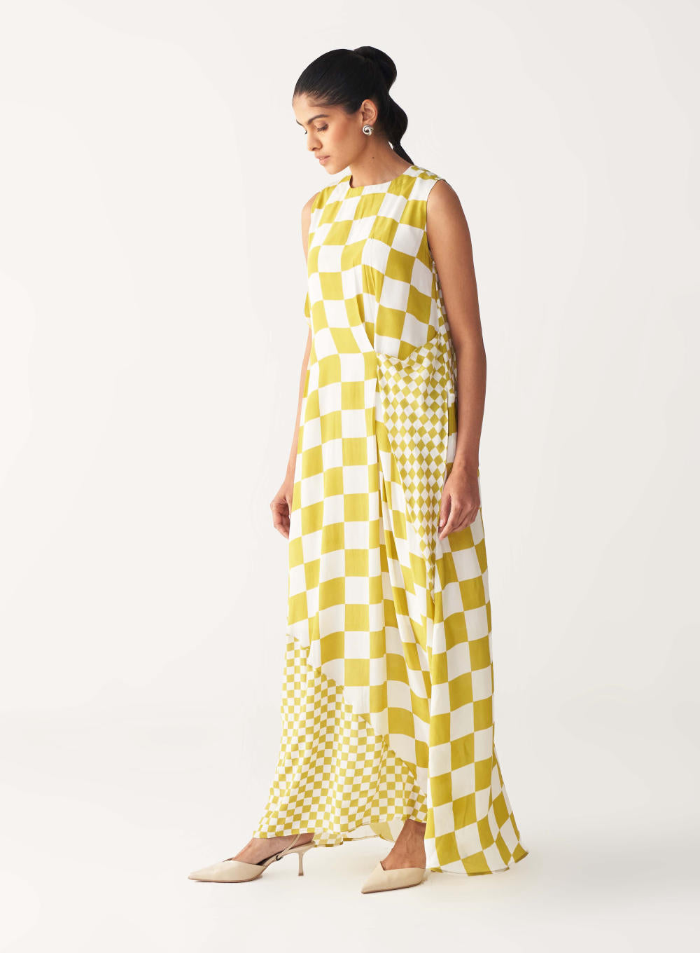 ASYMMETRIC DRESS +
IVORY CHANDERI SLIP-LIME CHECK