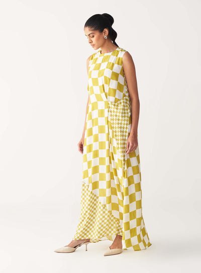 ASYMMETRIC DRESS +
IVORY CHANDERI SLIP-LIME CHECK