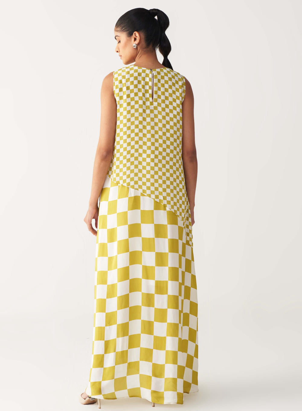 ASYMMETRIC DRESS +
IVORY CHANDERI SLIP-LIME CHECK
