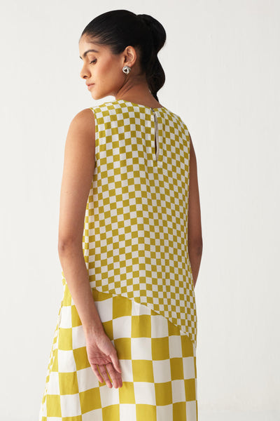 ASYMMETRIC DRESS +
IVORY CHANDERI SLIP-LIME CHECK