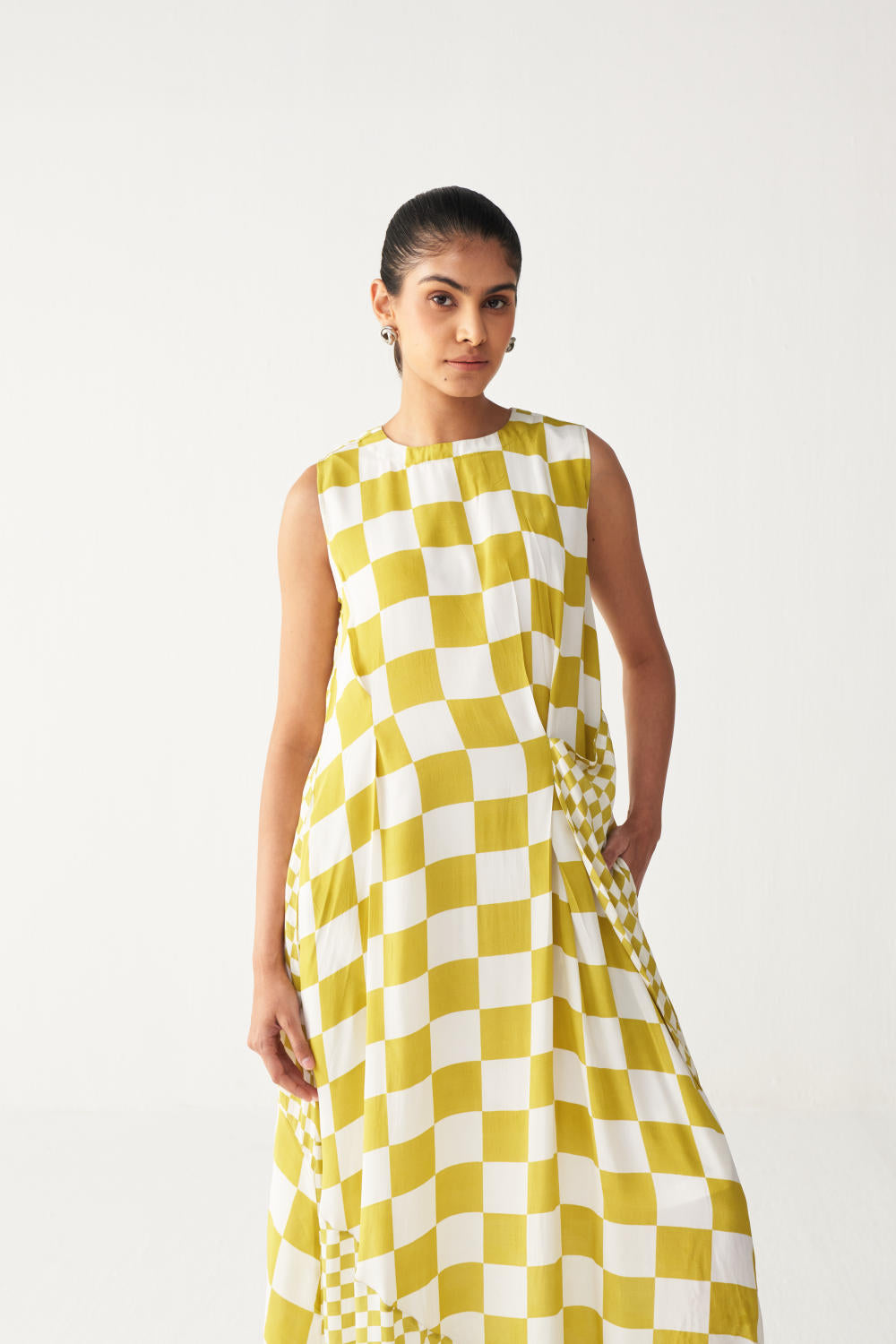 ASYMMETRIC DRESS +
IVORY CHANDERI SLIP-LIME CHECK