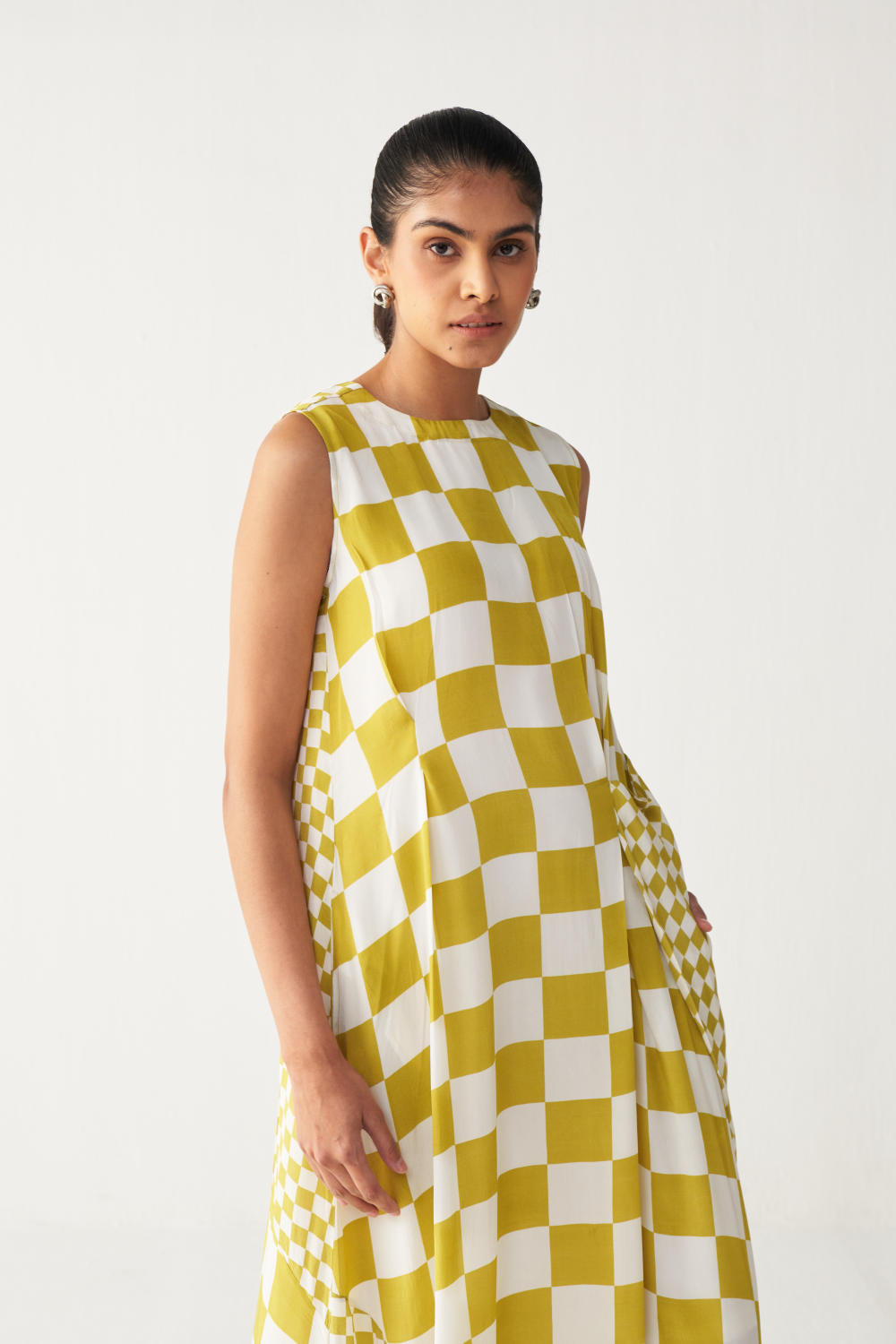 ASYMMETRIC DRESS +
IVORY CHANDERI SLIP-LIME CHECK