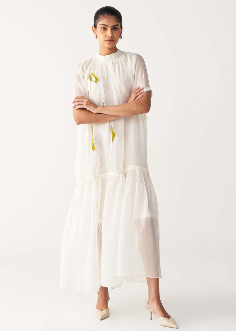 SHEER BOTTOM FRILL DRESS +
IVORY CHANDERI SLIP-IVORY