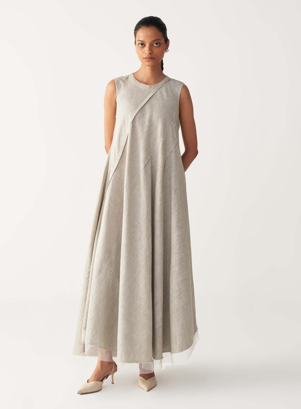 DIAGONAL PLEAT DRESS-BEIGE