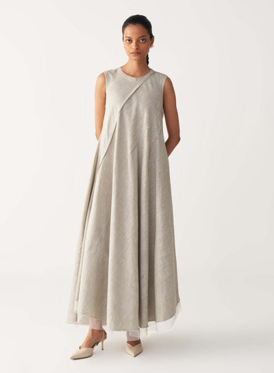 DIAGONAL PLEAT DRESS-BEIGE