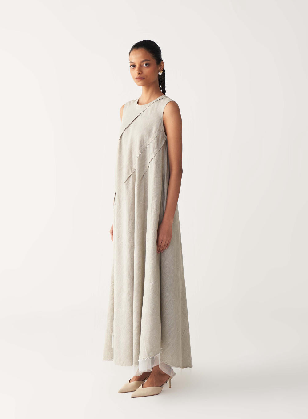 DIAGONAL PLEAT DRESS-BEIGE