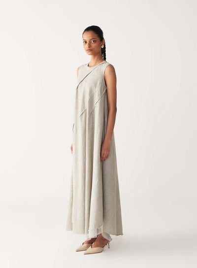 DIAGONAL PLEAT DRESS-BEIGE