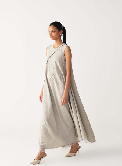 DIAGONAL PLEAT DRESS-BEIGE