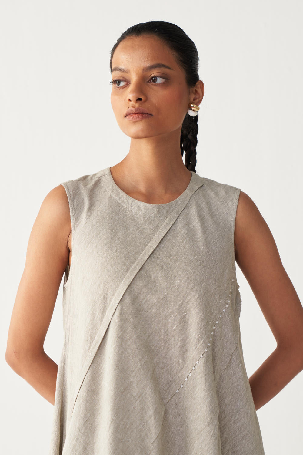 DIAGONAL PLEAT DRESS-BEIGE