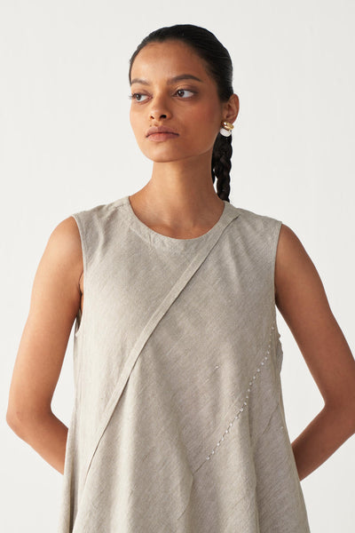 DIAGONAL PLEAT DRESS-BEIGE