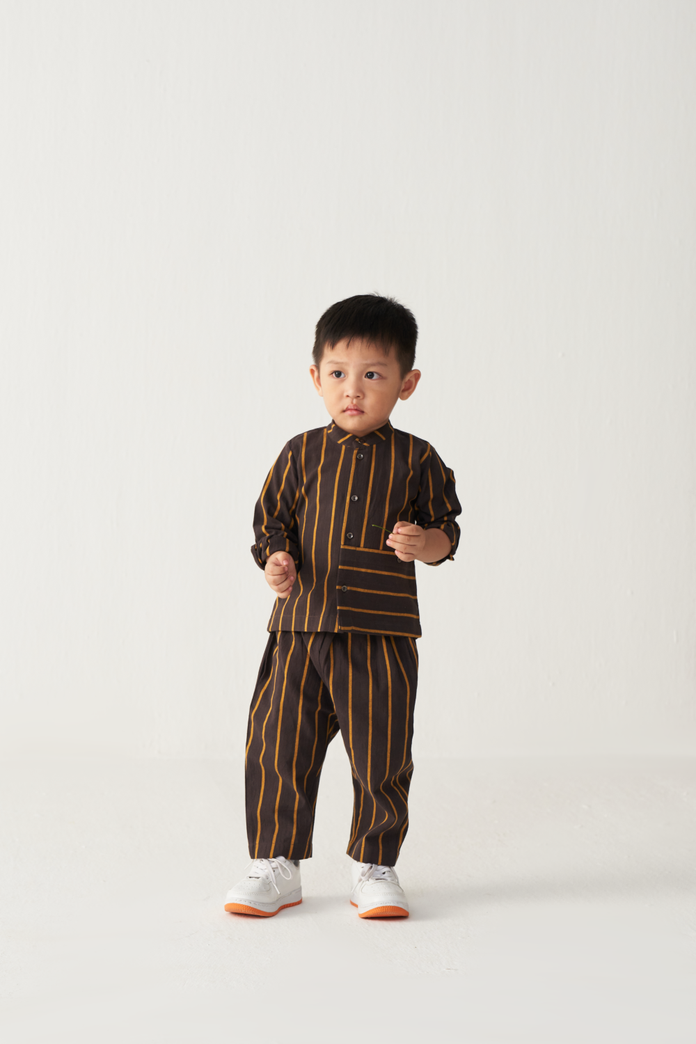KIDS BAND COLLAR SHIRT- CHARCOAL/MUSTARD